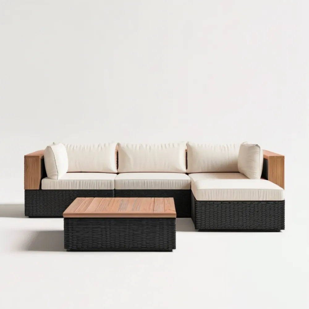 Ogrodowy narożnik modułowy L z technorattanu 220 × 150 × 65 cm ze stolikiem 100 × 60 × 35 cm Czarny/Naturalny brąz/Kremowy