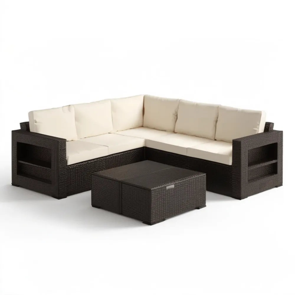 Narożny zestaw mebli ogrodowych z technorattanu, ciemnobrązowy/kremowy, sofa 200 × 200 cm, stolik 90 × 60 cm