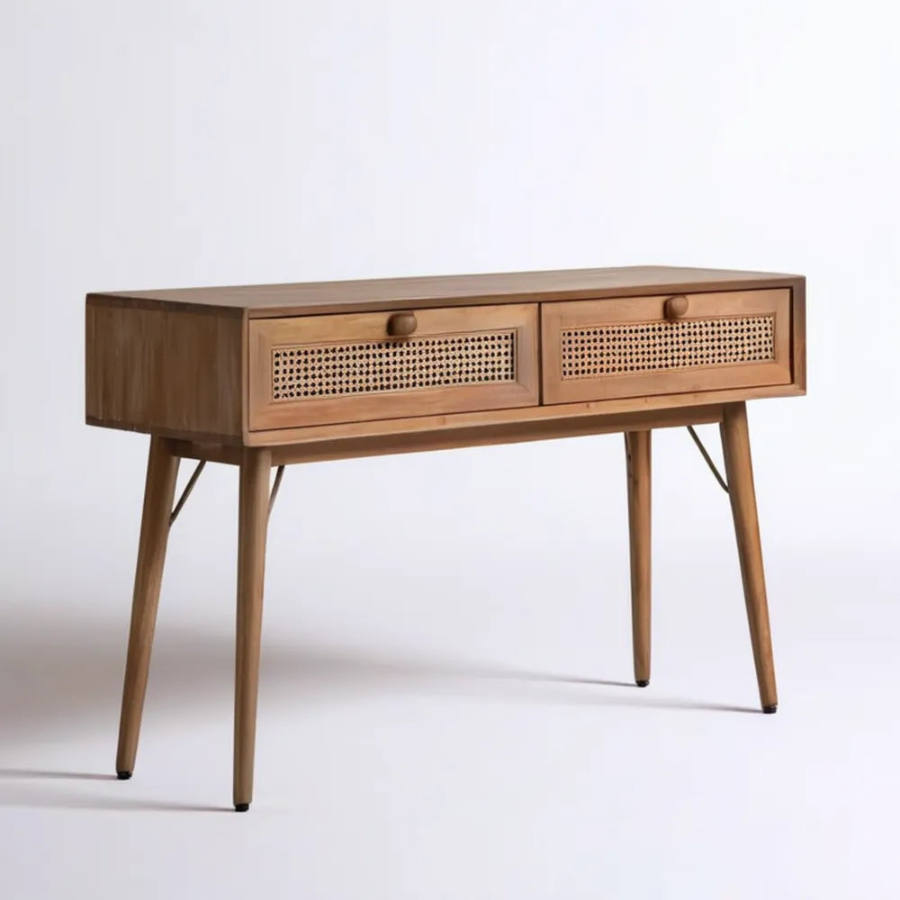 Brązowa konsola z litego drewna kauczukowego z rattanowymi frontami, 2 szuflady, 120 x 40 x 78 cm