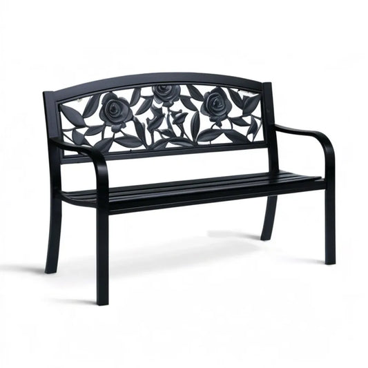 Czarna dwuosobowa ławka ogrodowa z odlewanego aluminium 120 x 56 x 88 cm z motywem róż