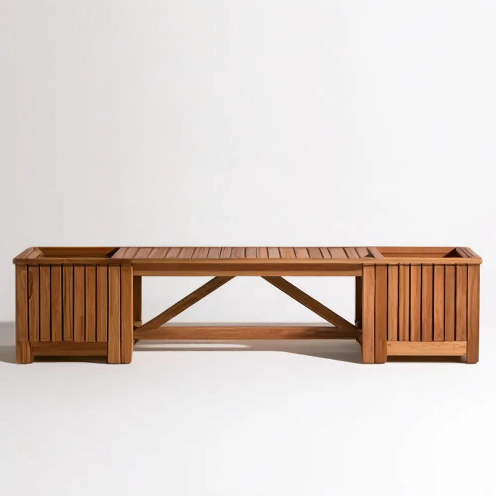 Brązowa ławka ogrodowa z 2 zintegrowanymi donicami z litego drewna akacjowego 180 x 40 x 45 cm