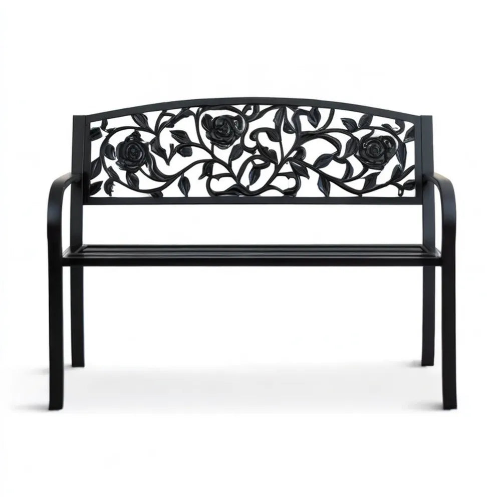Czarna aluminiowa ławka ogrodowa z motywem róż 100 x 54 x 80 cm