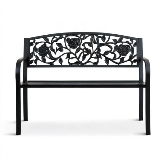 Czarna aluminiowa ławka ogrodowa z motywem róż 100 x 54 x 80 cm
