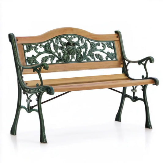 Ławka ogrodowa 2-osobowa z żeliwa i litego drewna sosnowego, brązowo-ciemnozielona, 122,5 × 58 × 87 cm