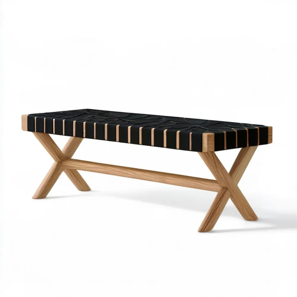 Ławka z litego drewna dębowego z czarnym siedziskiem z pasków PVC, 120 x 40 x 45 cm