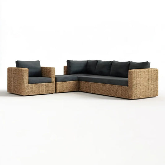 Narożnik ogrodowy z technorattanu PE z fotelem, naturalny/czarny, sofa 230 × 170 × 65 cm, fotel 85 × 85 × 65 cm