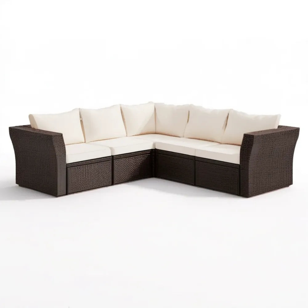 5-osobowa narożna sofa ogrodowa z technorattanu 220 × 220 × 63 cm Brązowa/Kremowa
