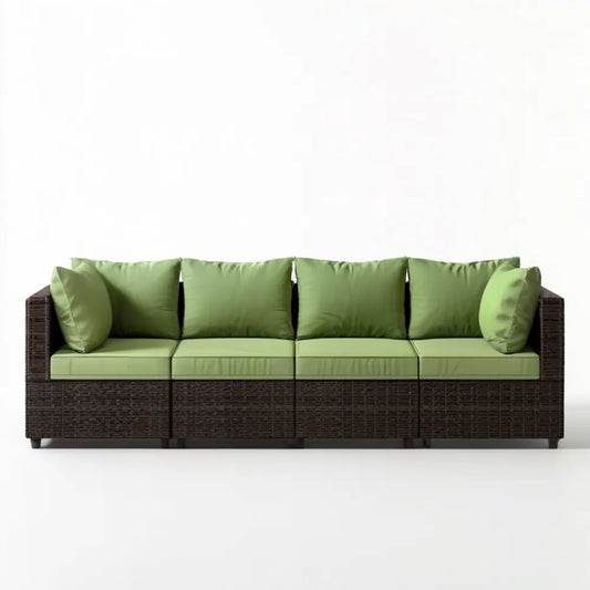 4-osobowa sofa ogrodowa z technorattanu PE, ciemnobrązowa z zielonymi poduszkami, 260 x 70 x 63 cm
