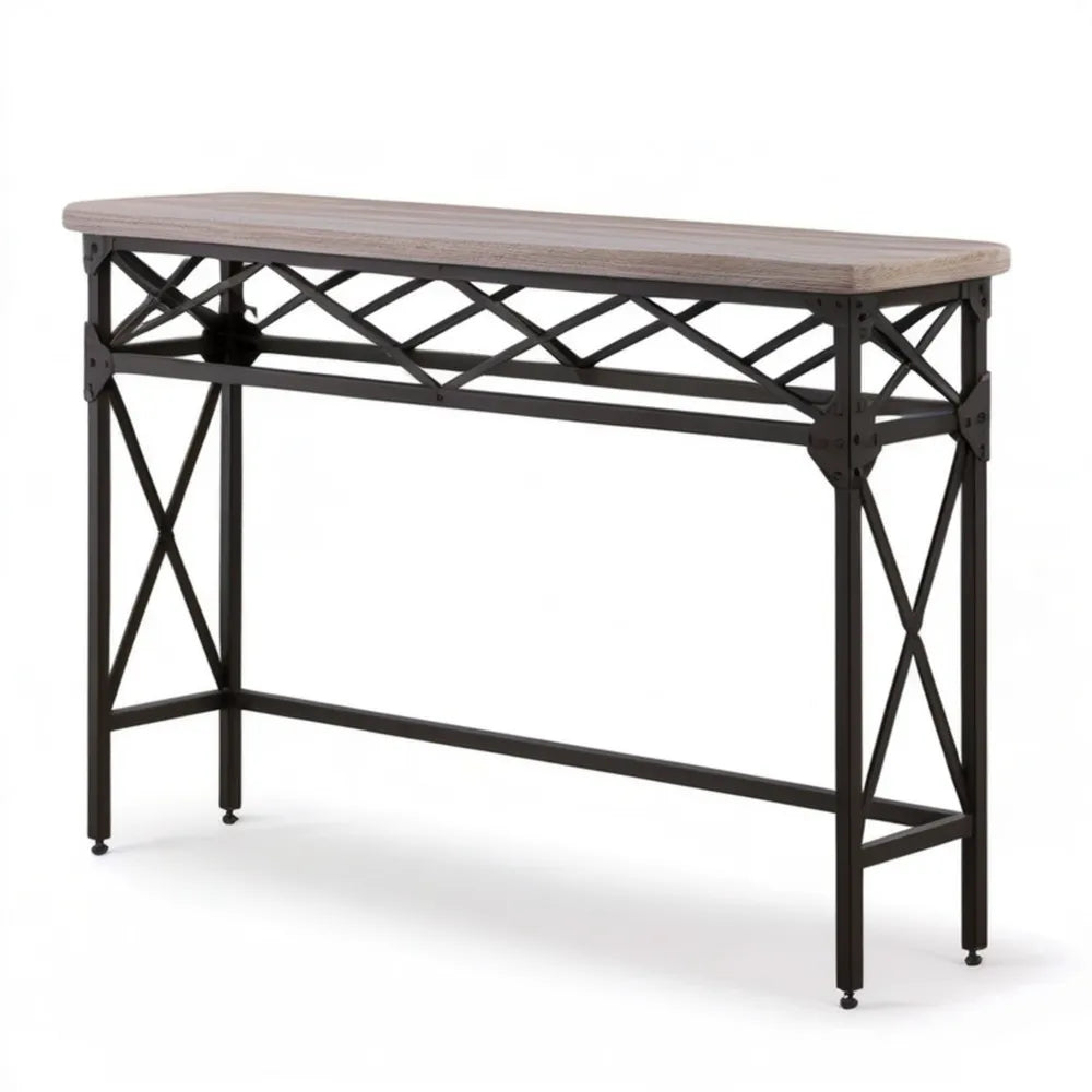 Stolik konsolowy z blatem MDF w dekorze drewna i stalowym stelażem, jasnobrązowo-czarny, 120 x 40 x 80 cm